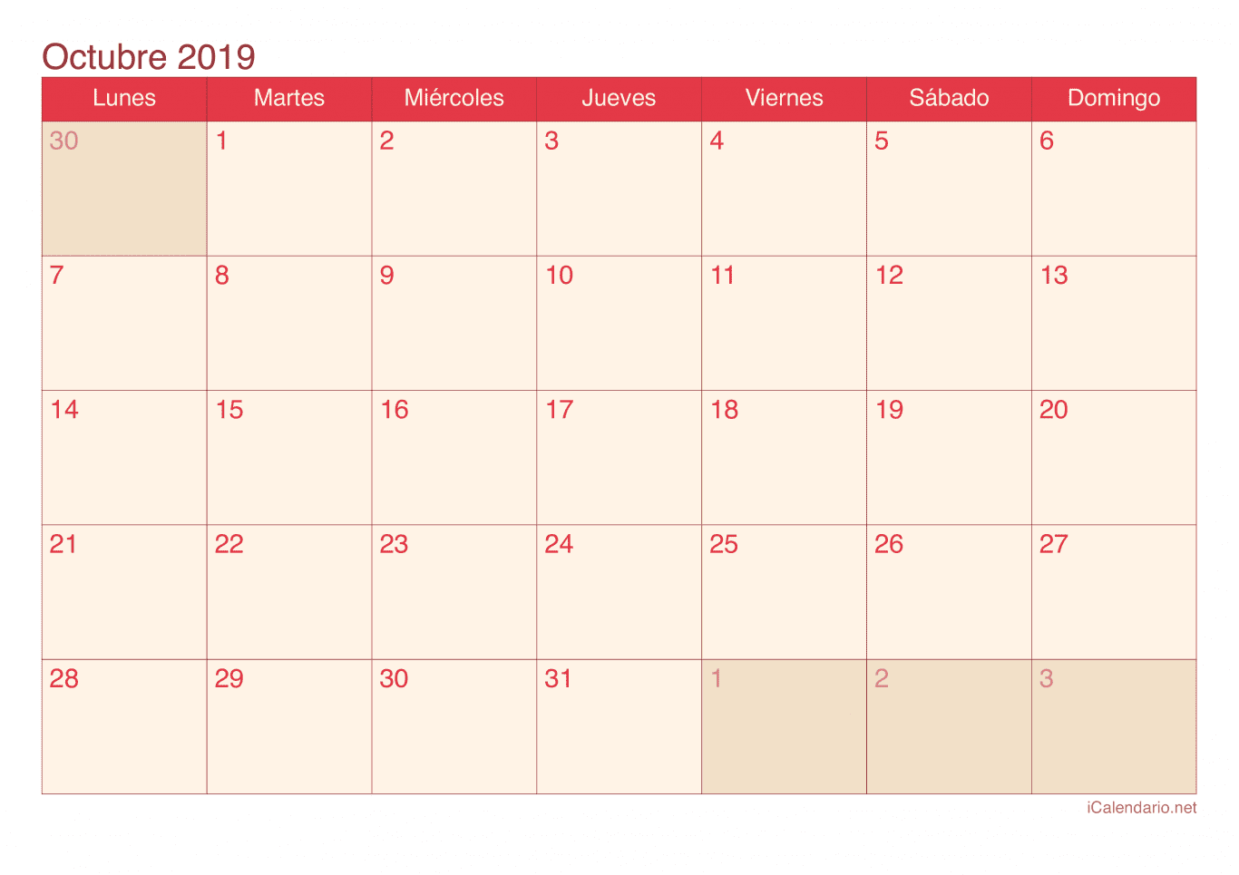 Calendario de octubre 2019 - Cherry