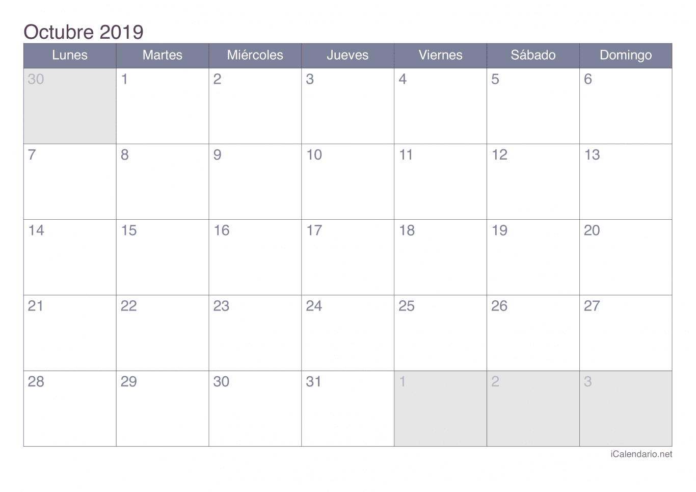 Calendario de octubre 2019 - Office