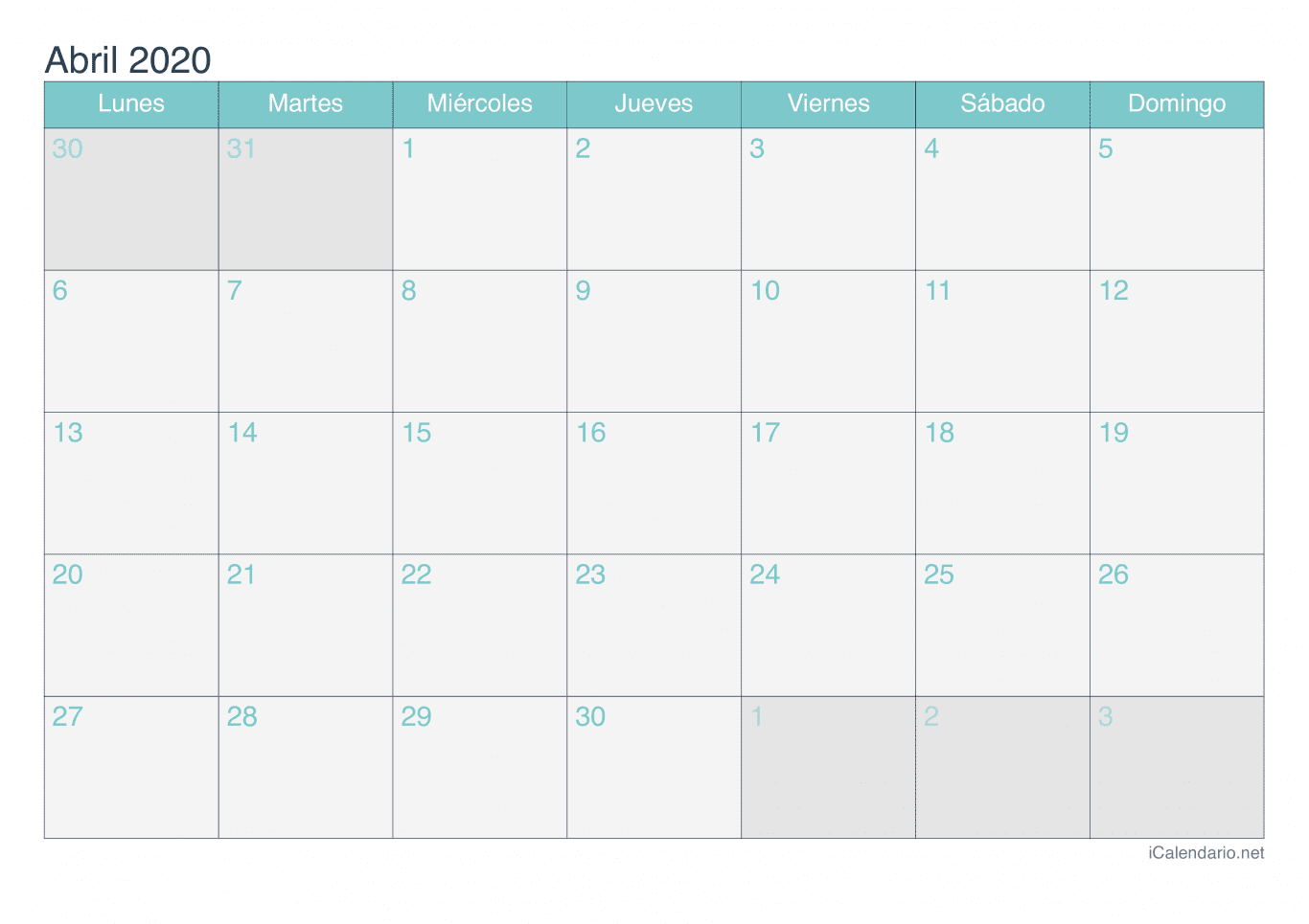 Calendario de abril 2020 - Turquesa