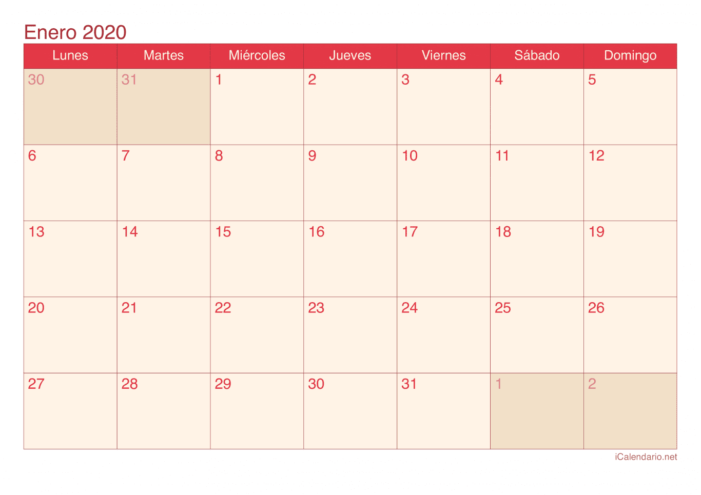 Calendario por mes 2020 - Cherry
