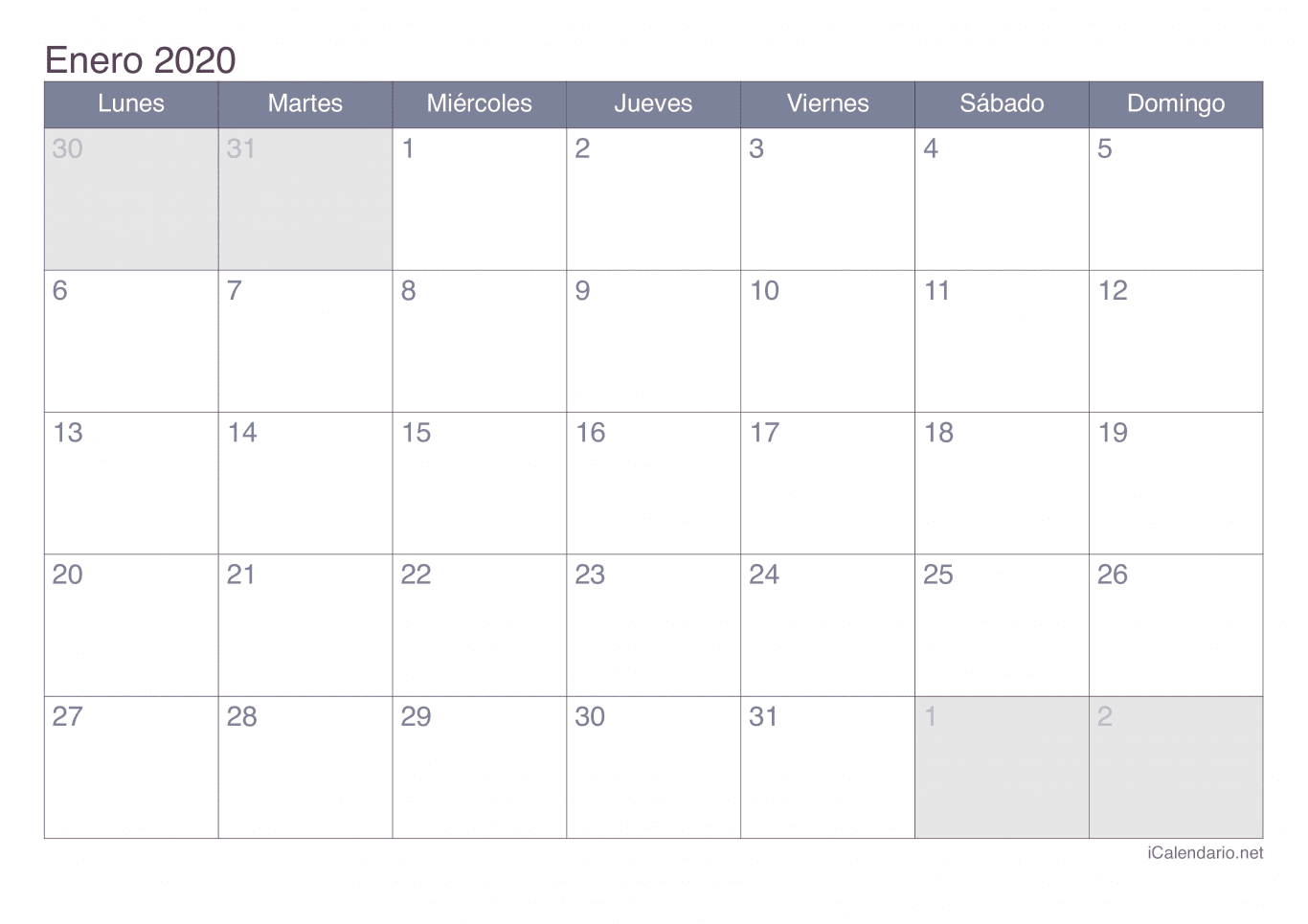 Calendario por mes 2020 - Office