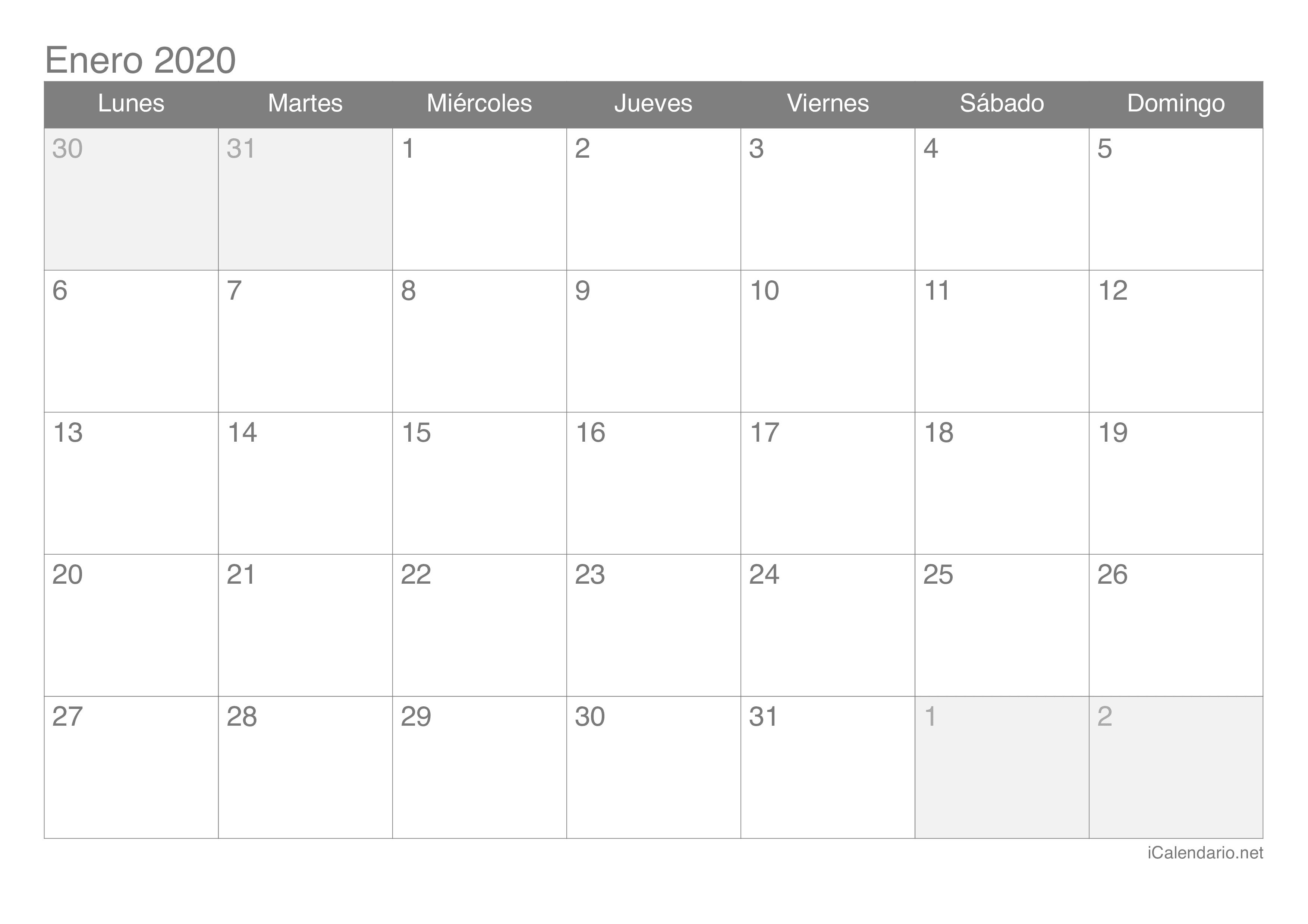 Calendario por mes 2020