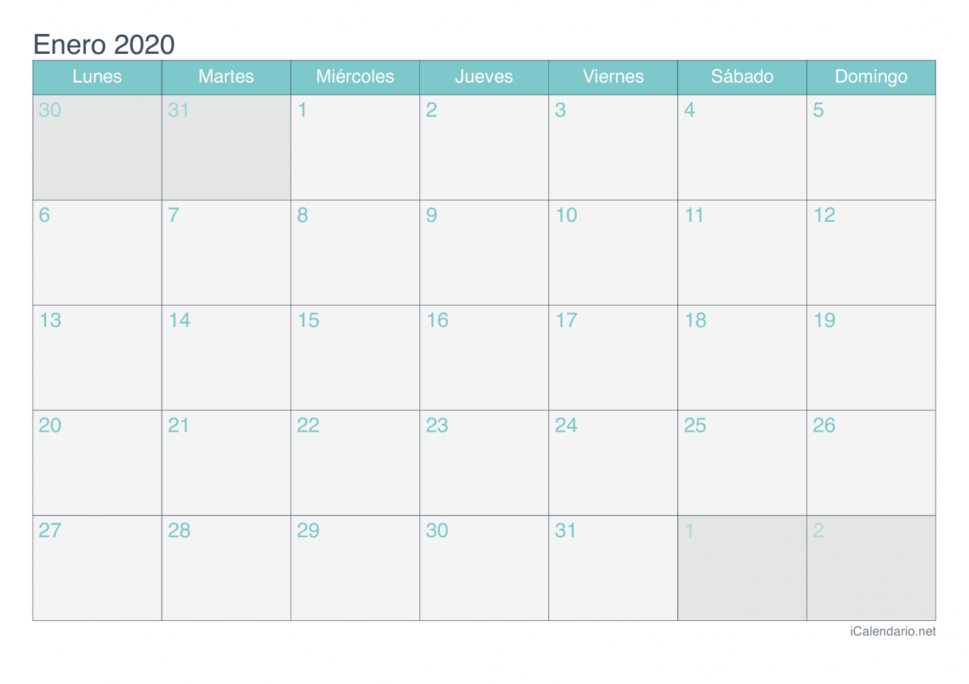 Calendario de enero 2020 - Turquesa