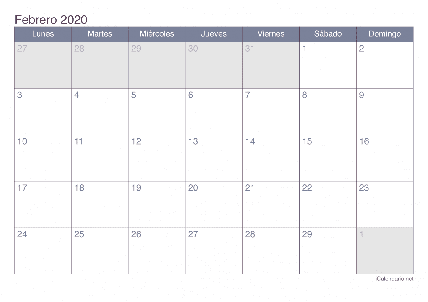 Calendario de febrero 2020 - Office