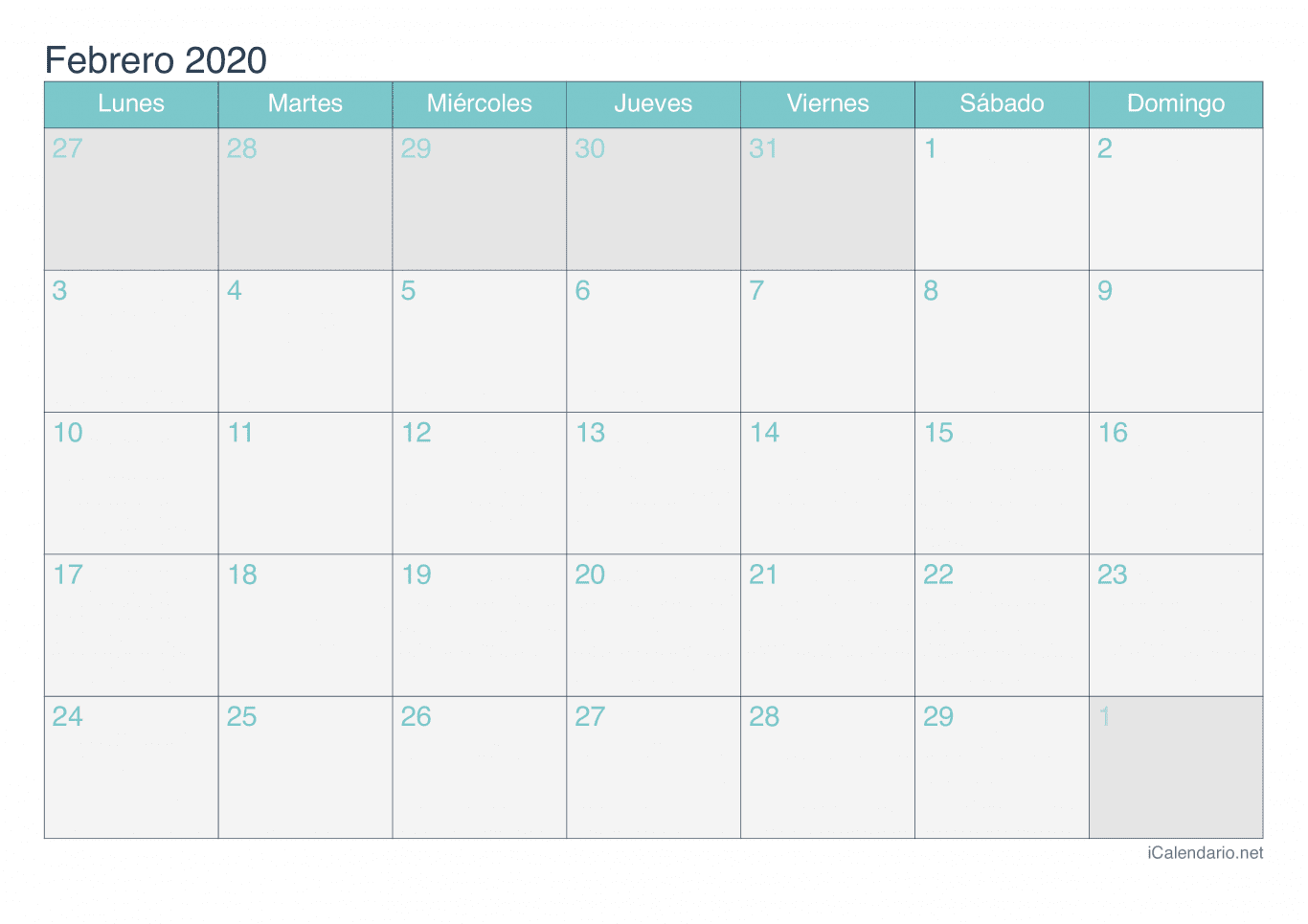 Calendario de febrero 2020 - Turquesa