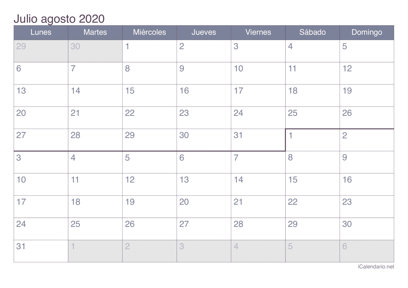 Calendario de julio agosto 2020 - Office