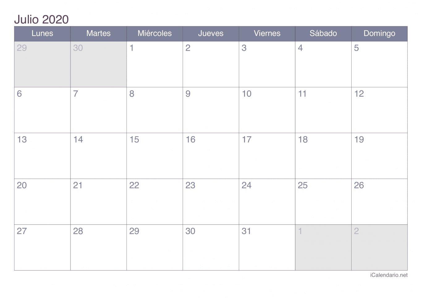 Calendario de julio 2020 - Office