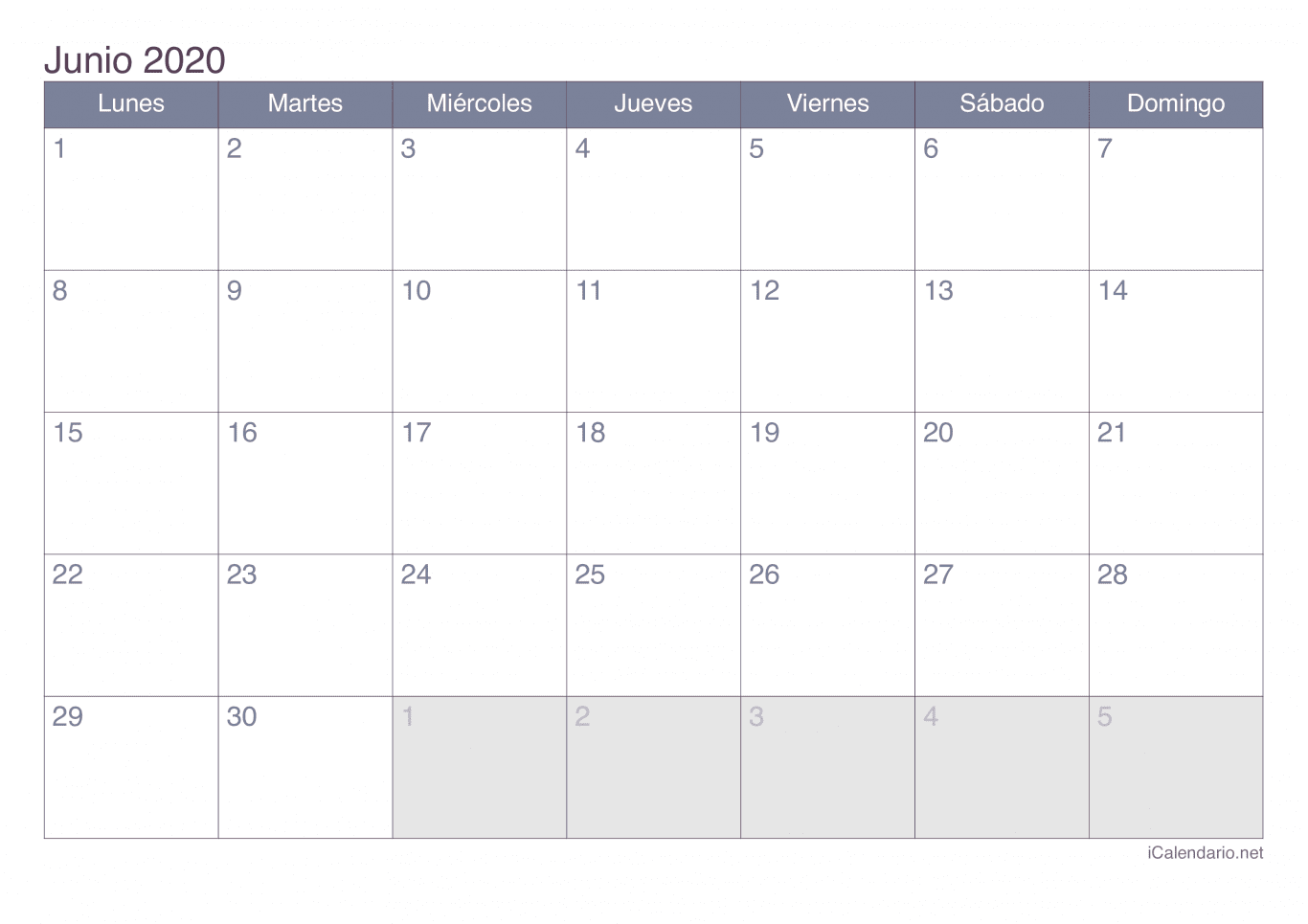 Calendario de junio 2020 - Office