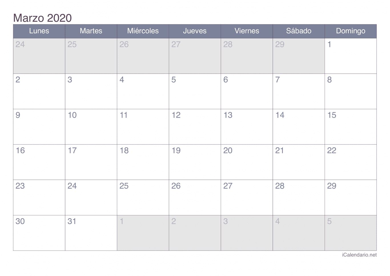Calendario de marzo 2020 - Office