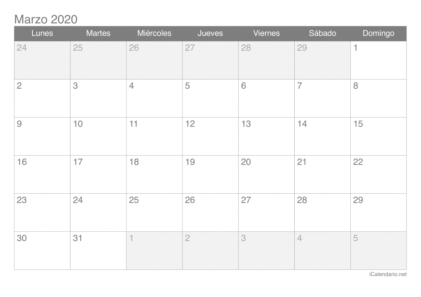 Calendario de marzo 2020