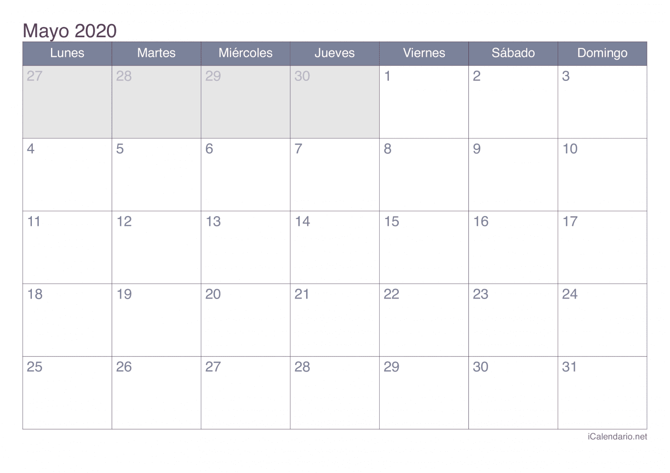 Calendario de mayo 2020 - Office