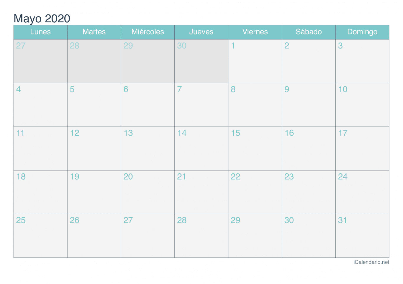 Calendario de mayo 2020 - Turquesa