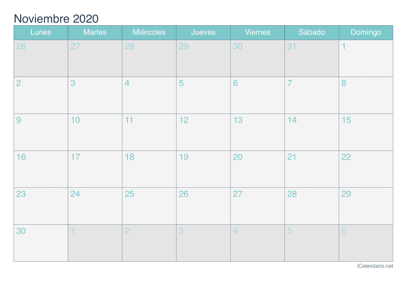 Calendario de noviembre 2020 - Turquesa