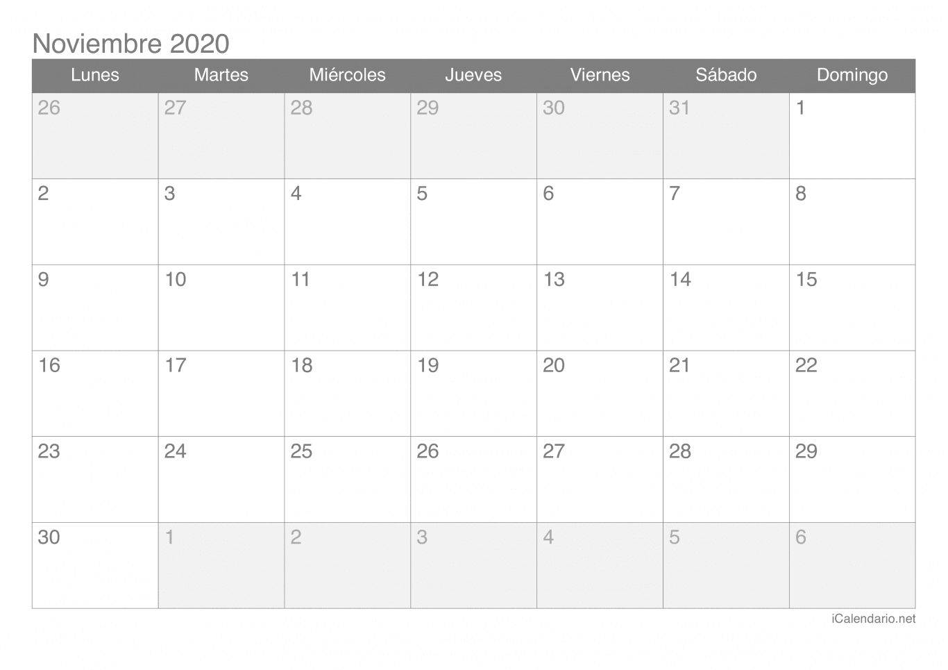 Calendario de noviembre 2020