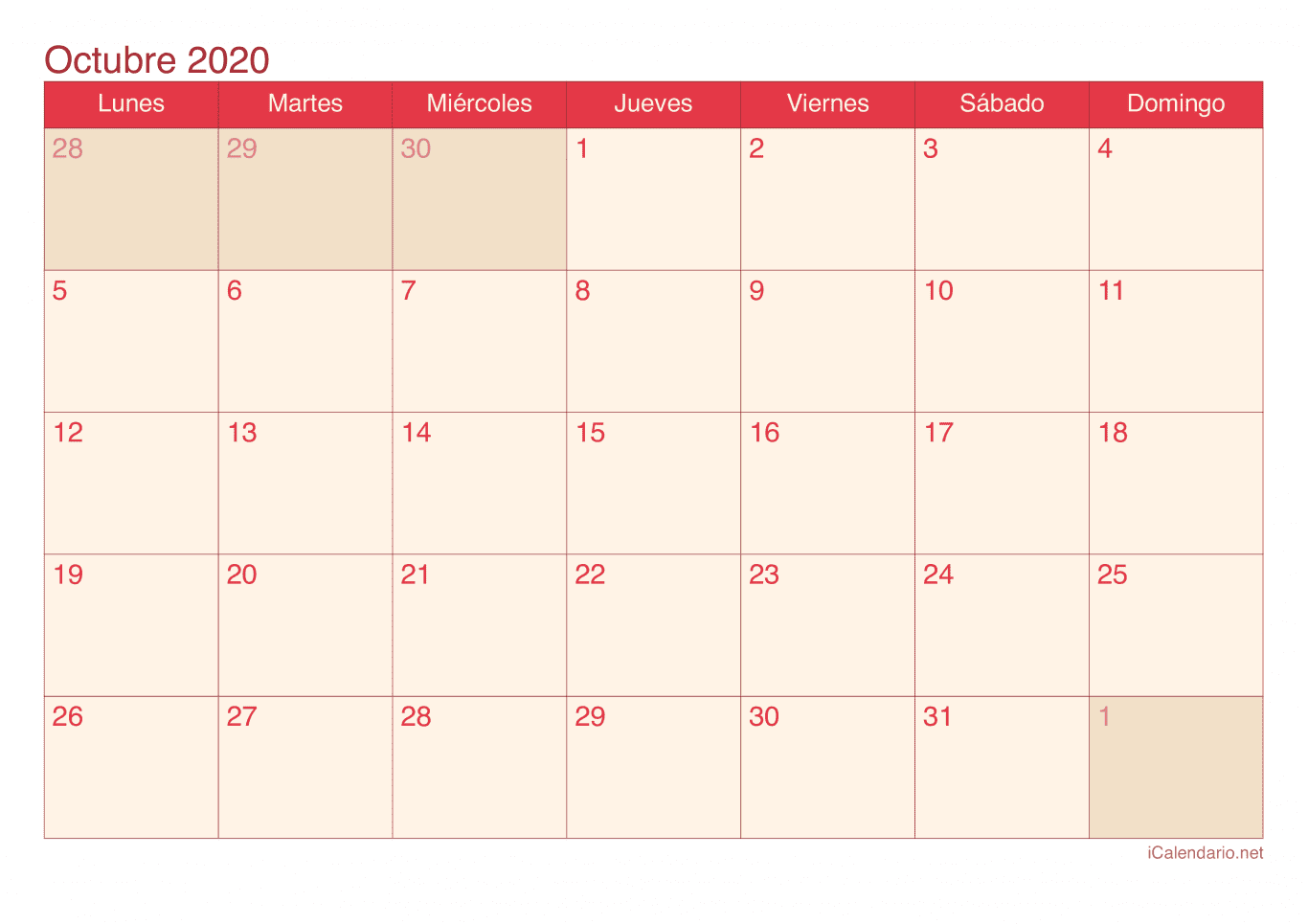 Calendario de octubre 2020 - Cherry