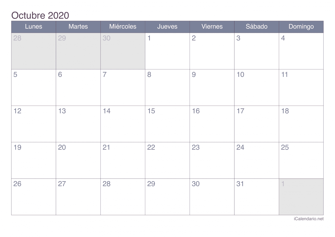 Calendario de octubre 2020 - Office