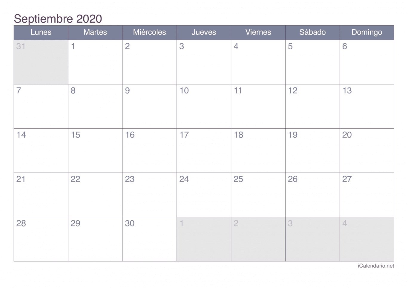 Calendario de septiembre 2020 - Office