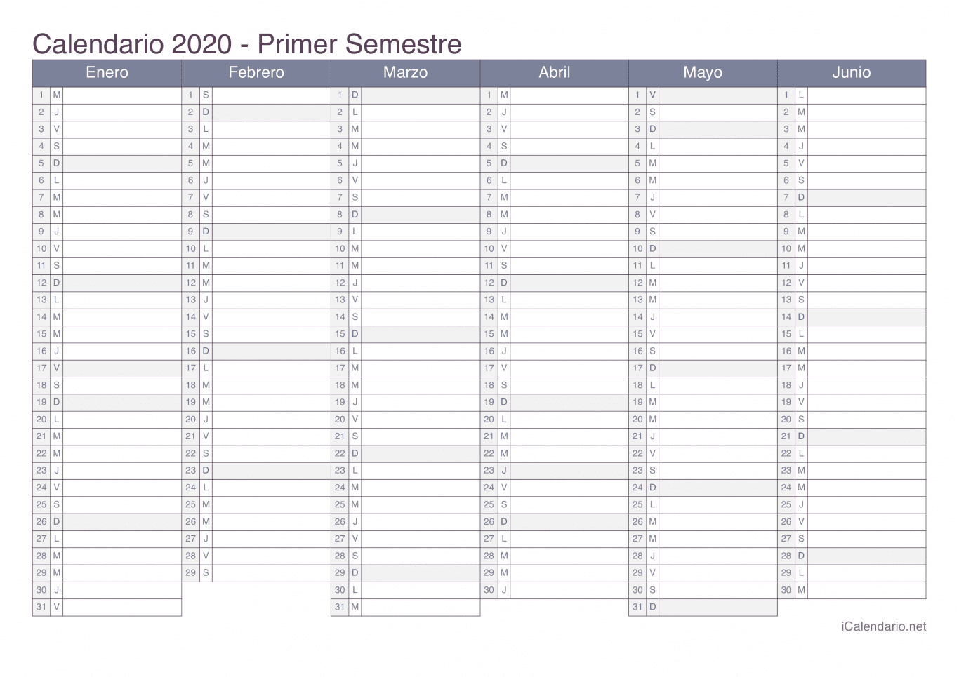 Calendario por semestre 2020 - Office