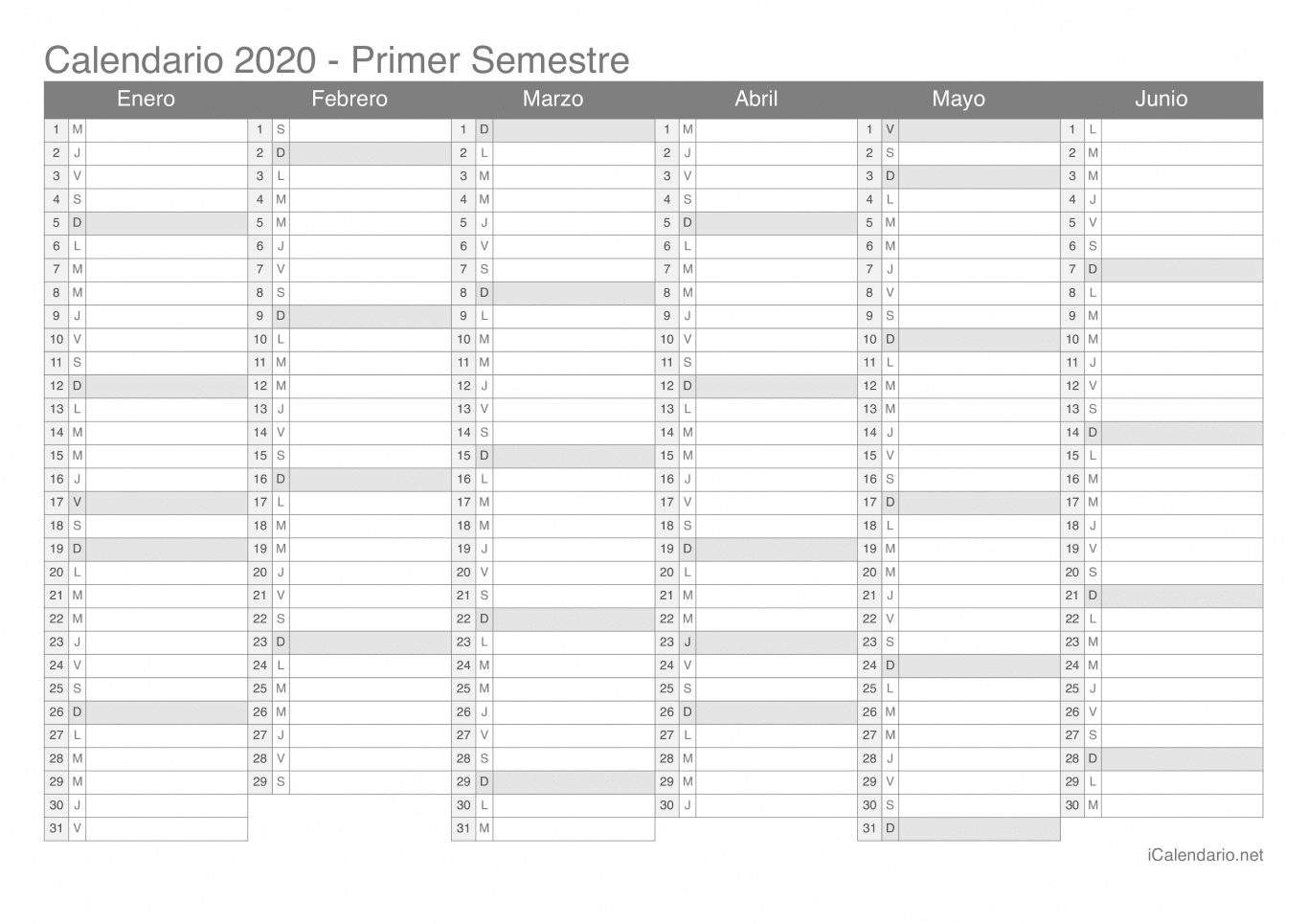 Calendario por semestre 2020