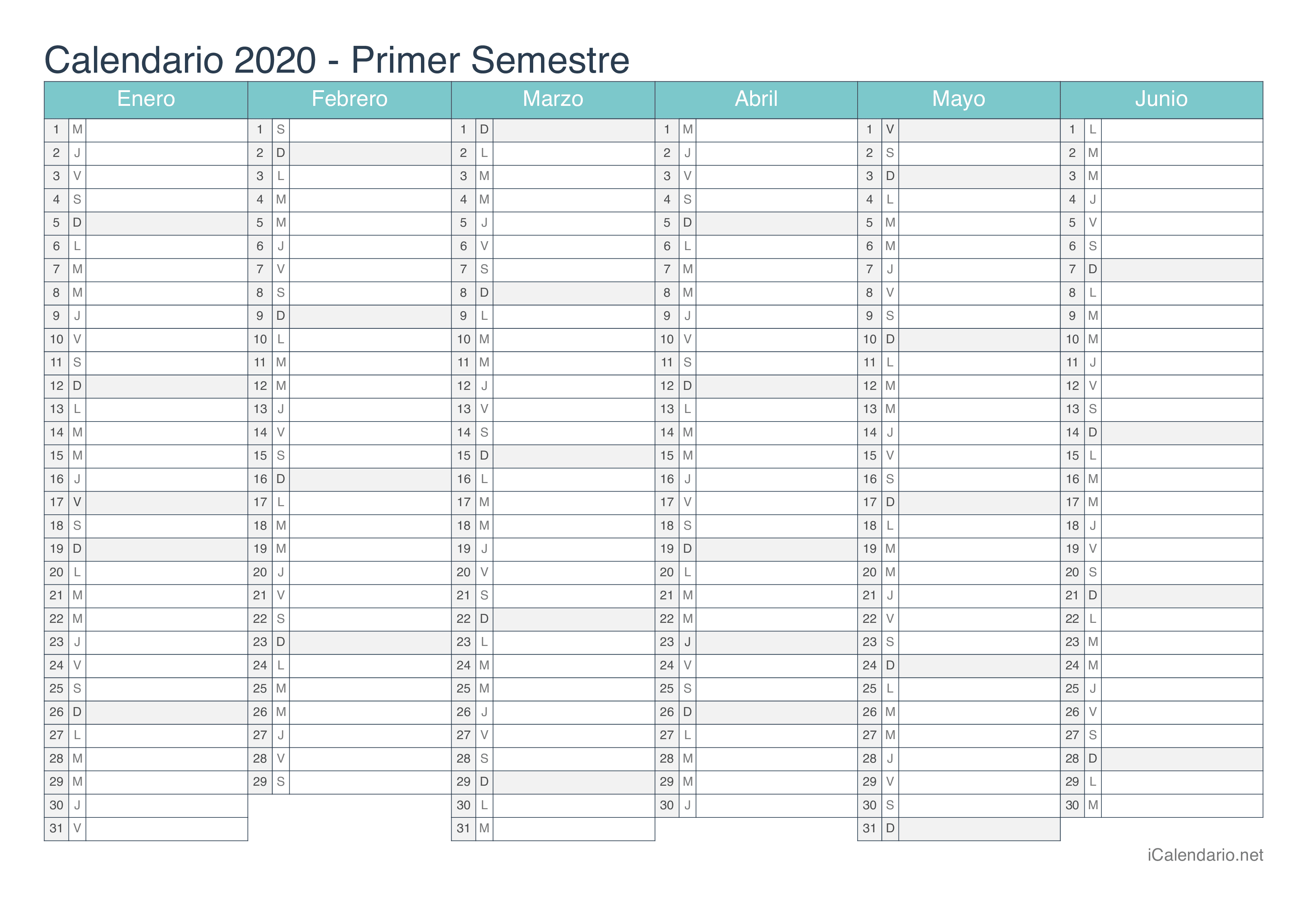 Calendario por semestre 2020 - Turquesa