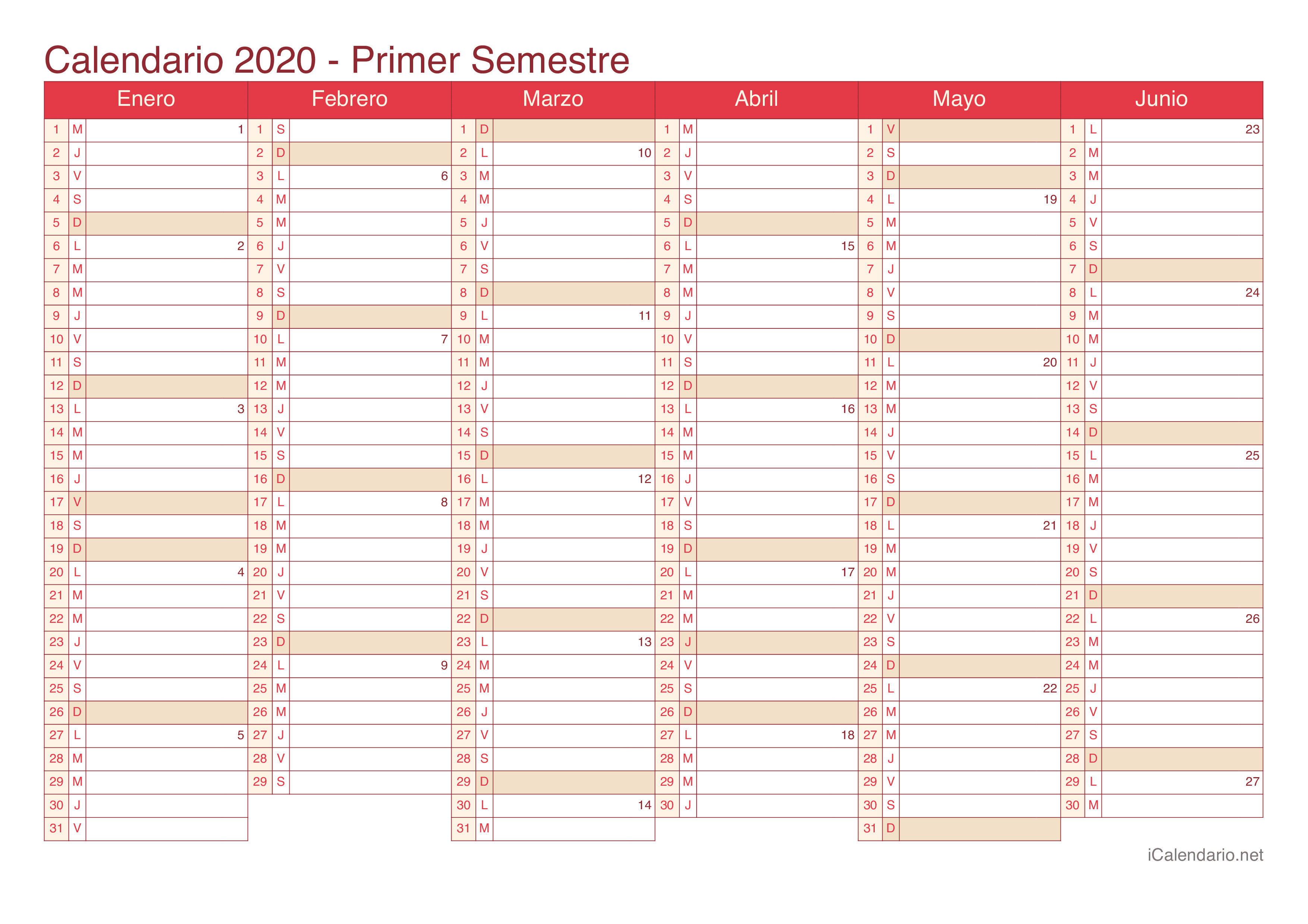 Calendario por semestre com números da semana 2020 - Cherry