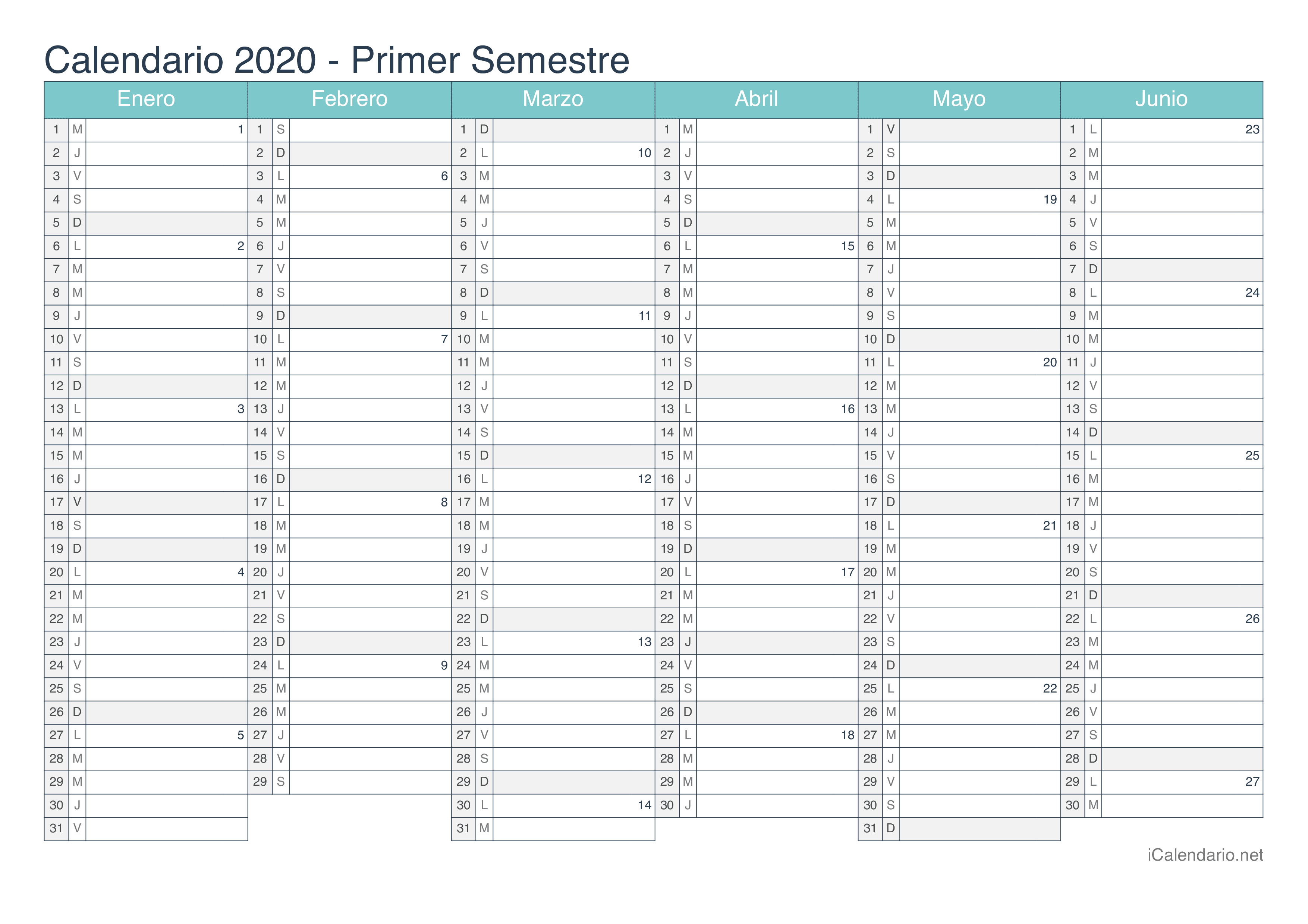 Calendario por semestre com números da semana 2020 - Turquesa