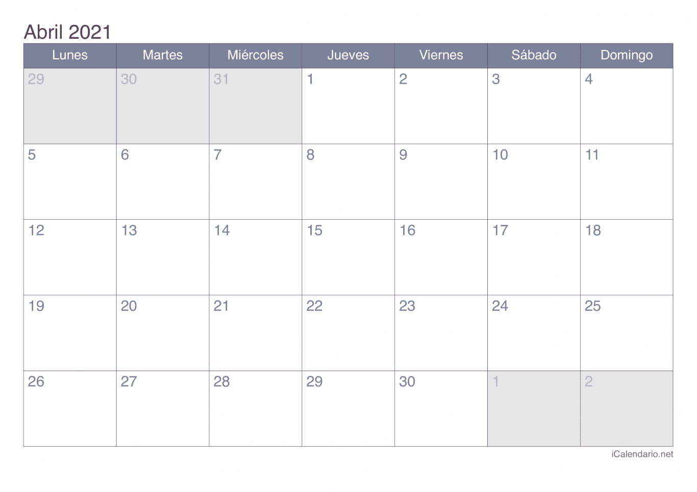 Calendario de abril 2021 - Office