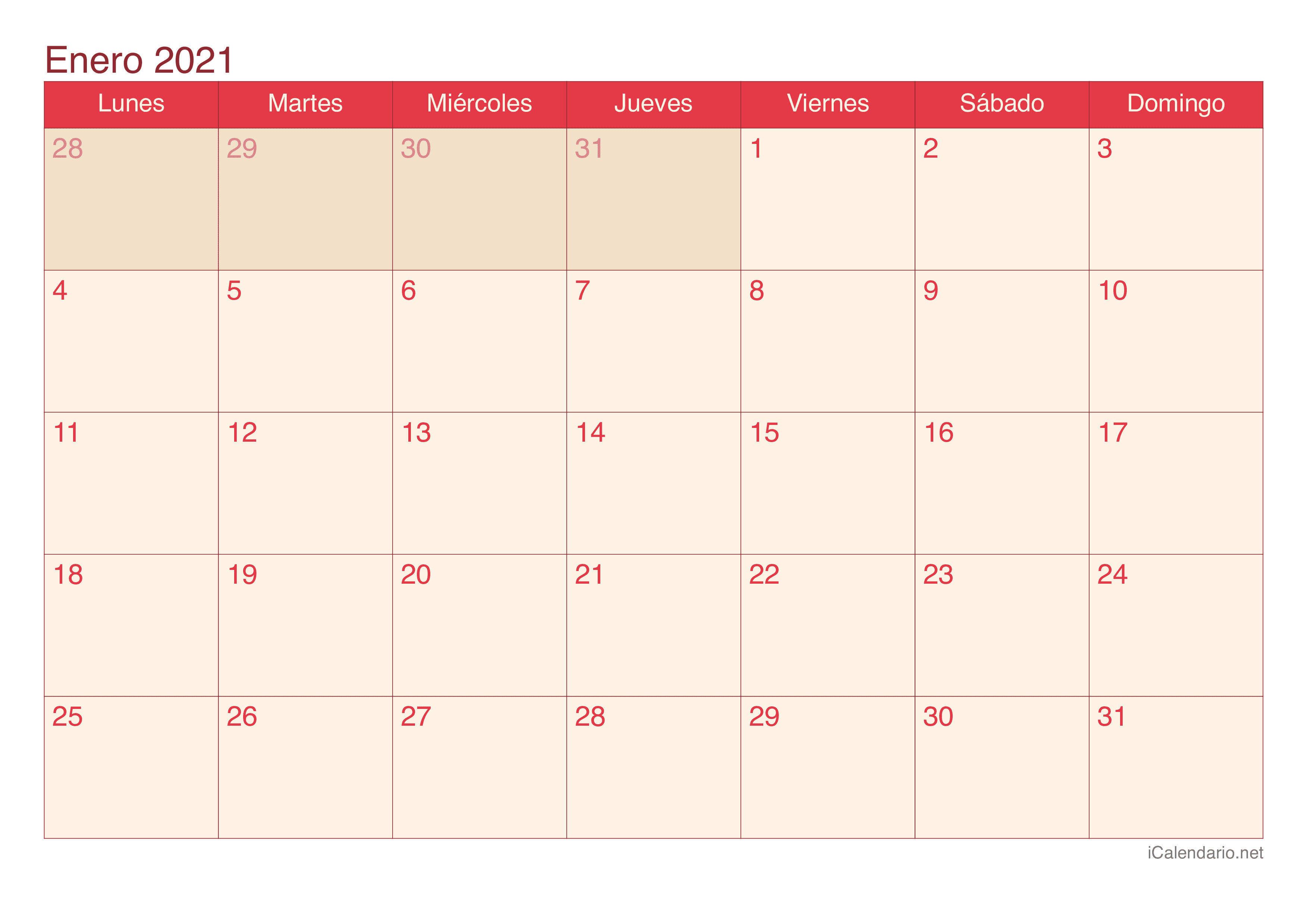 Calendario por mes 2021 - Cherry