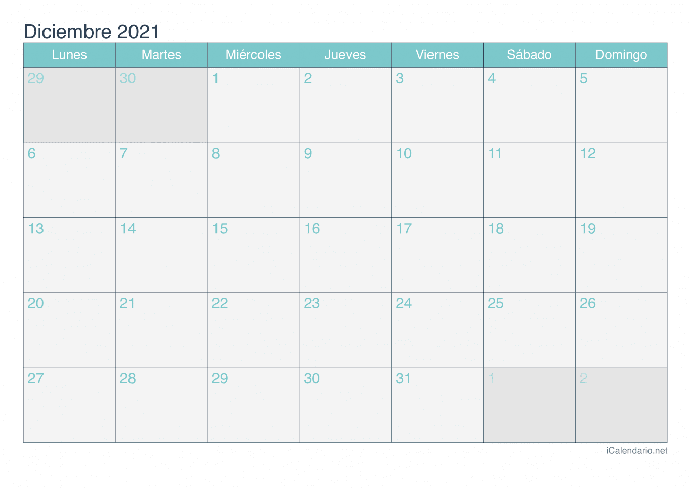 Calendario de diciembre 2021 - Turquesa