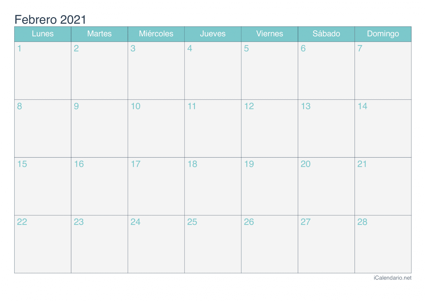Calendario de febrero 2021 - Turquesa