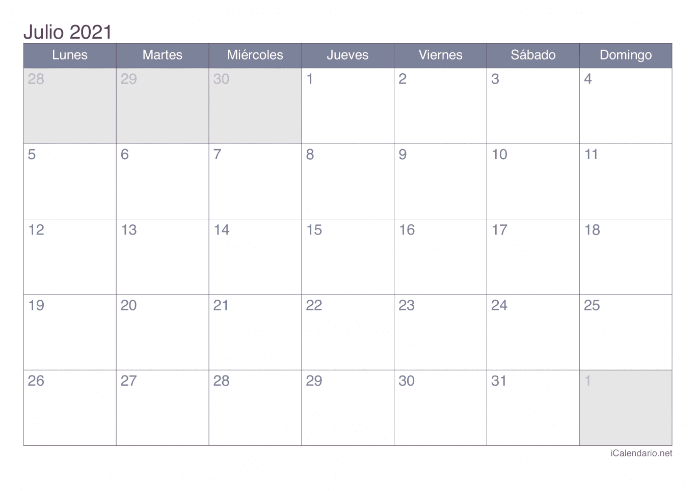 Calendario de julio 2021 - Office