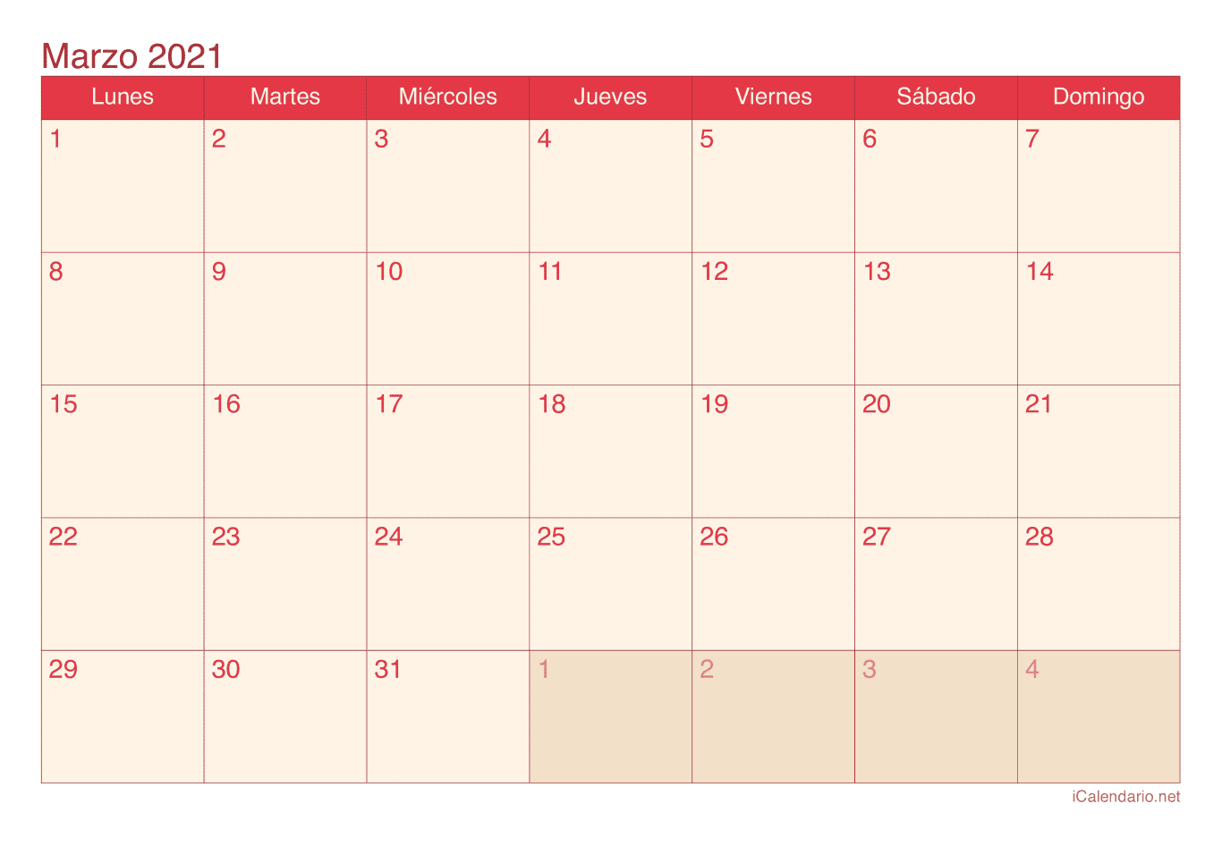 Calendario de marzo 2021 - Cherry