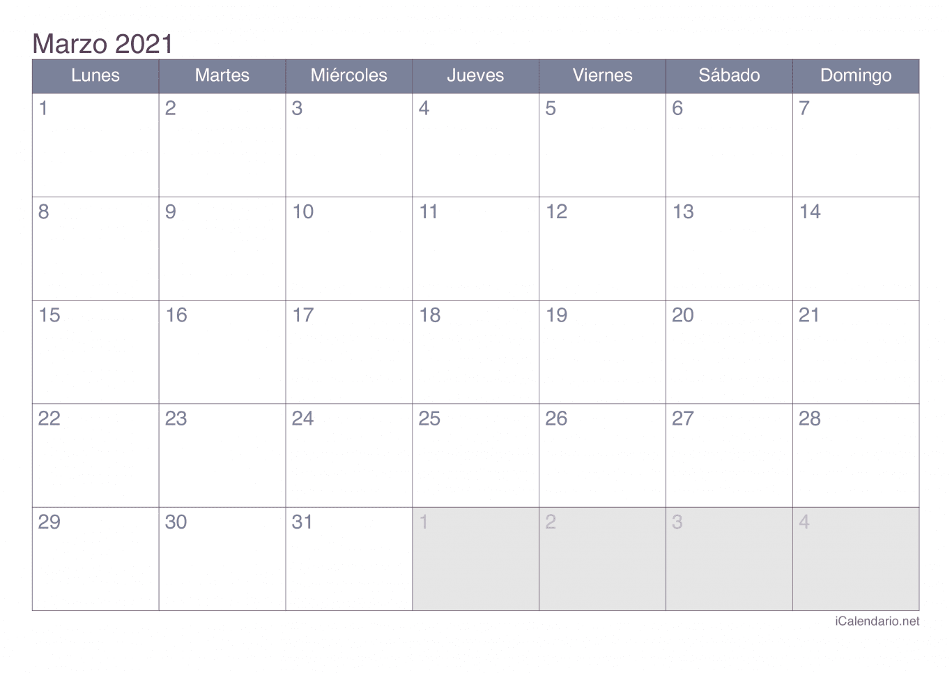 Calendario de marzo 2021 - Office