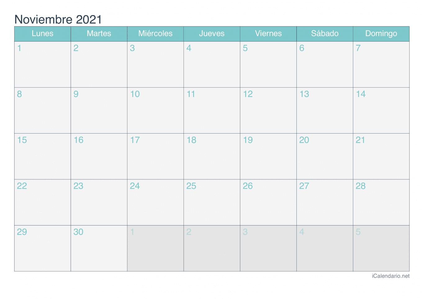 Calendario de noviembre 2021 - Turquesa