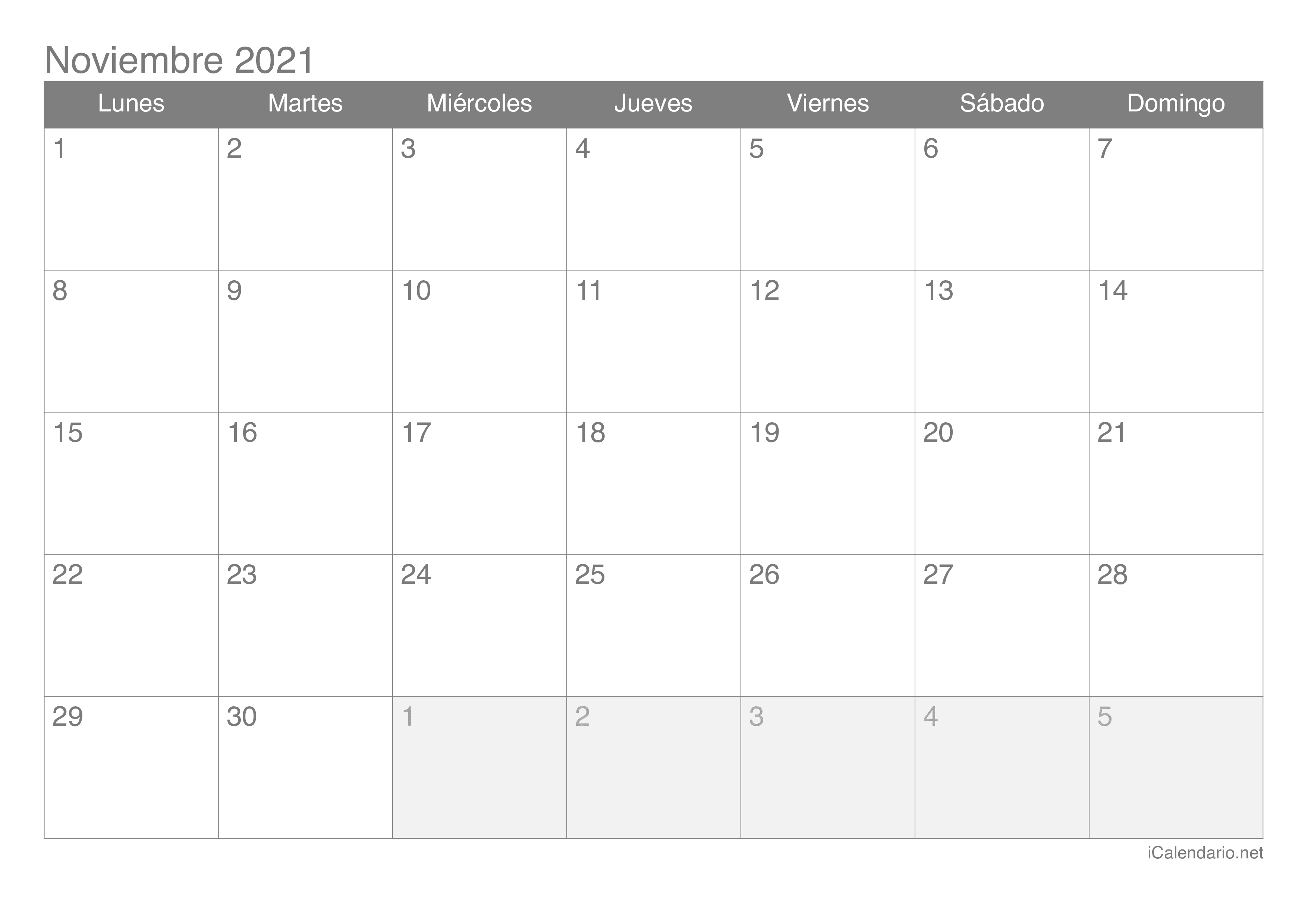 Calendario de noviembre 2021