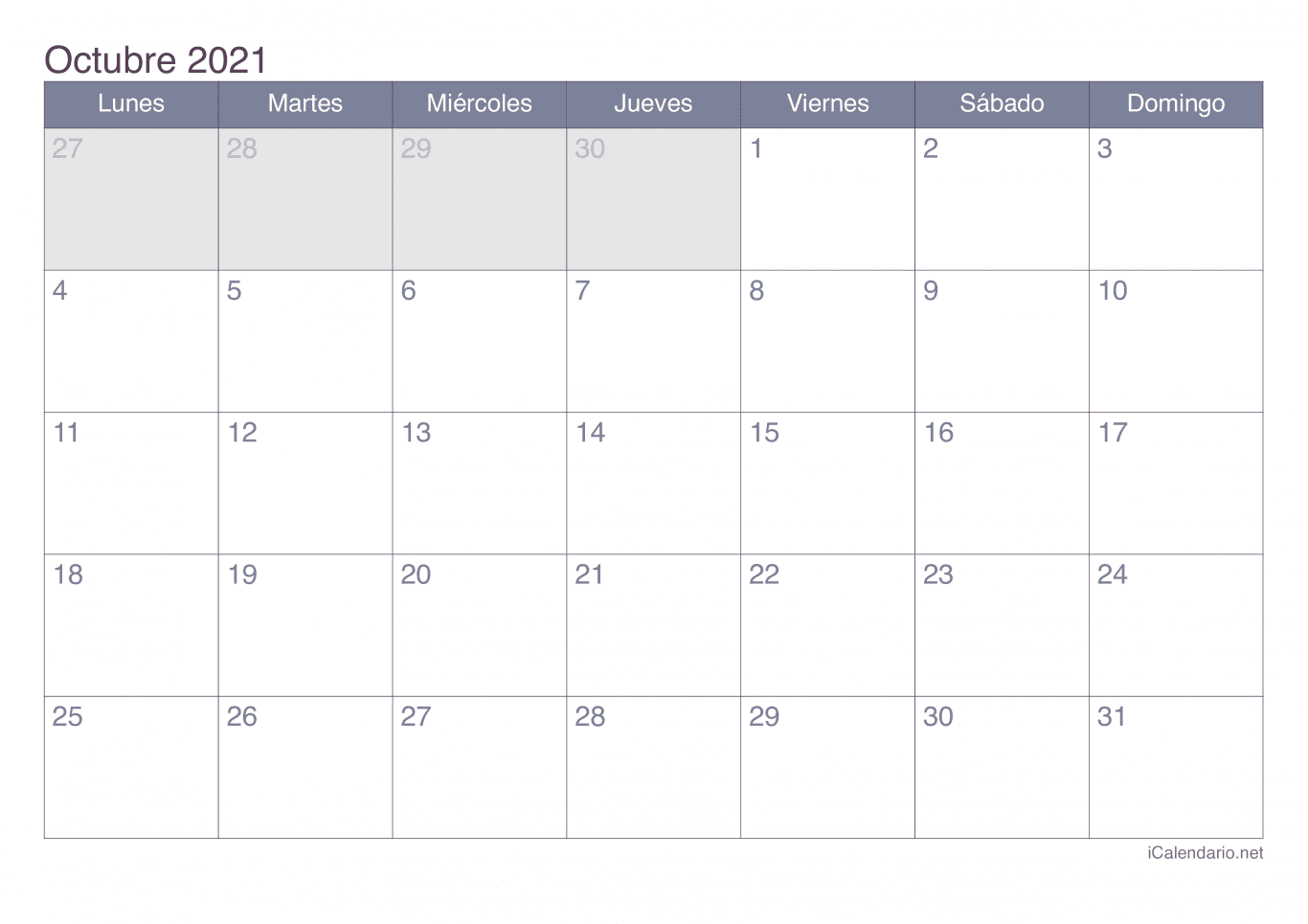 Calendario de octubre 2021 - Office