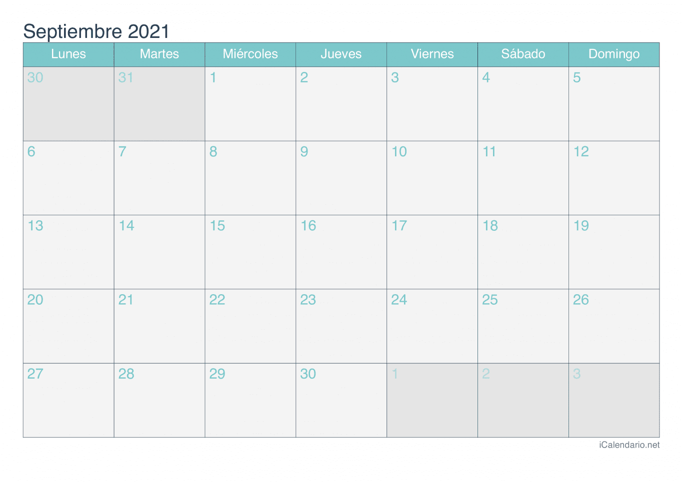 Calendario de septiembre 2021 - Turquesa