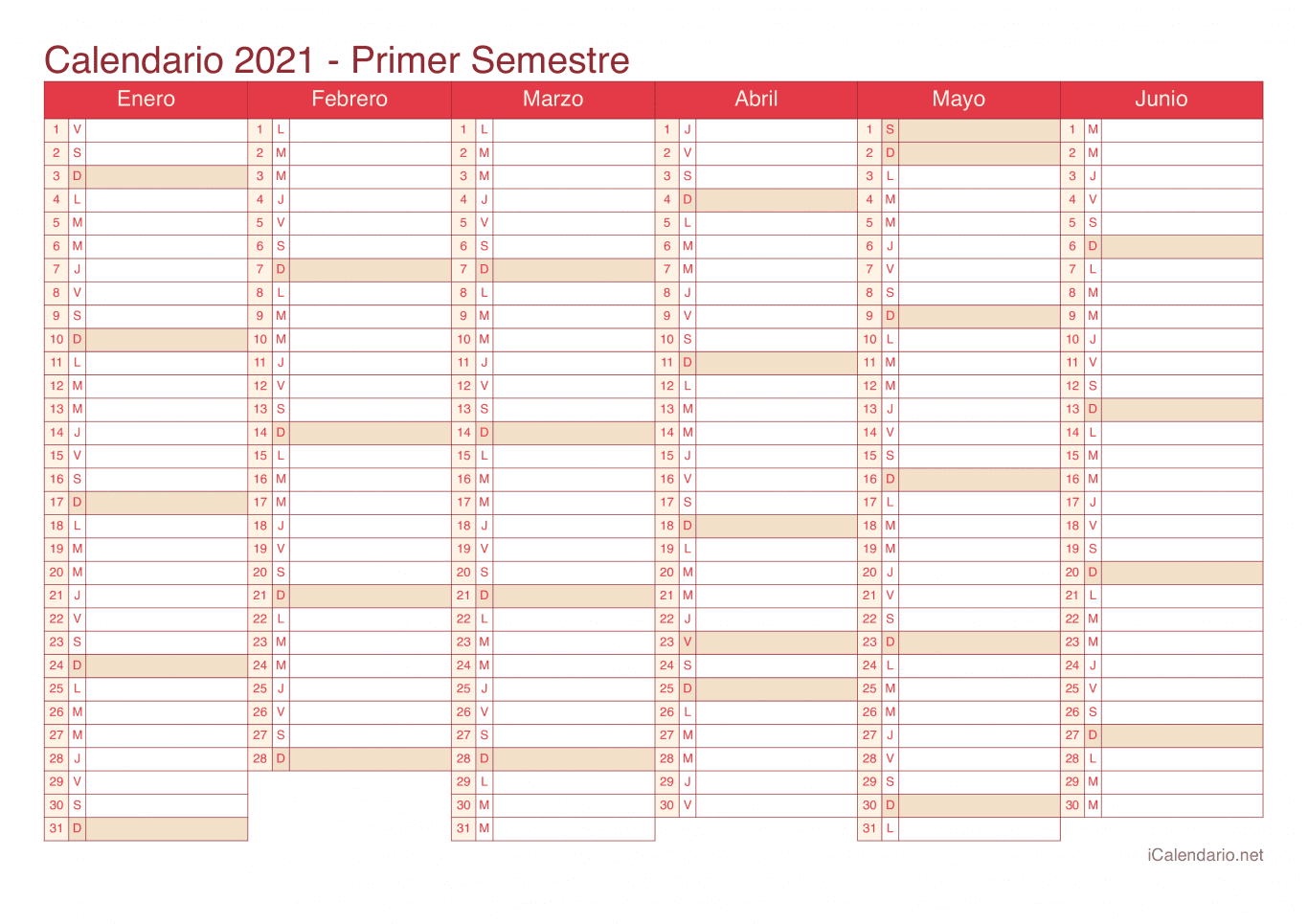 Calendario por semestre 2021 - Cherry