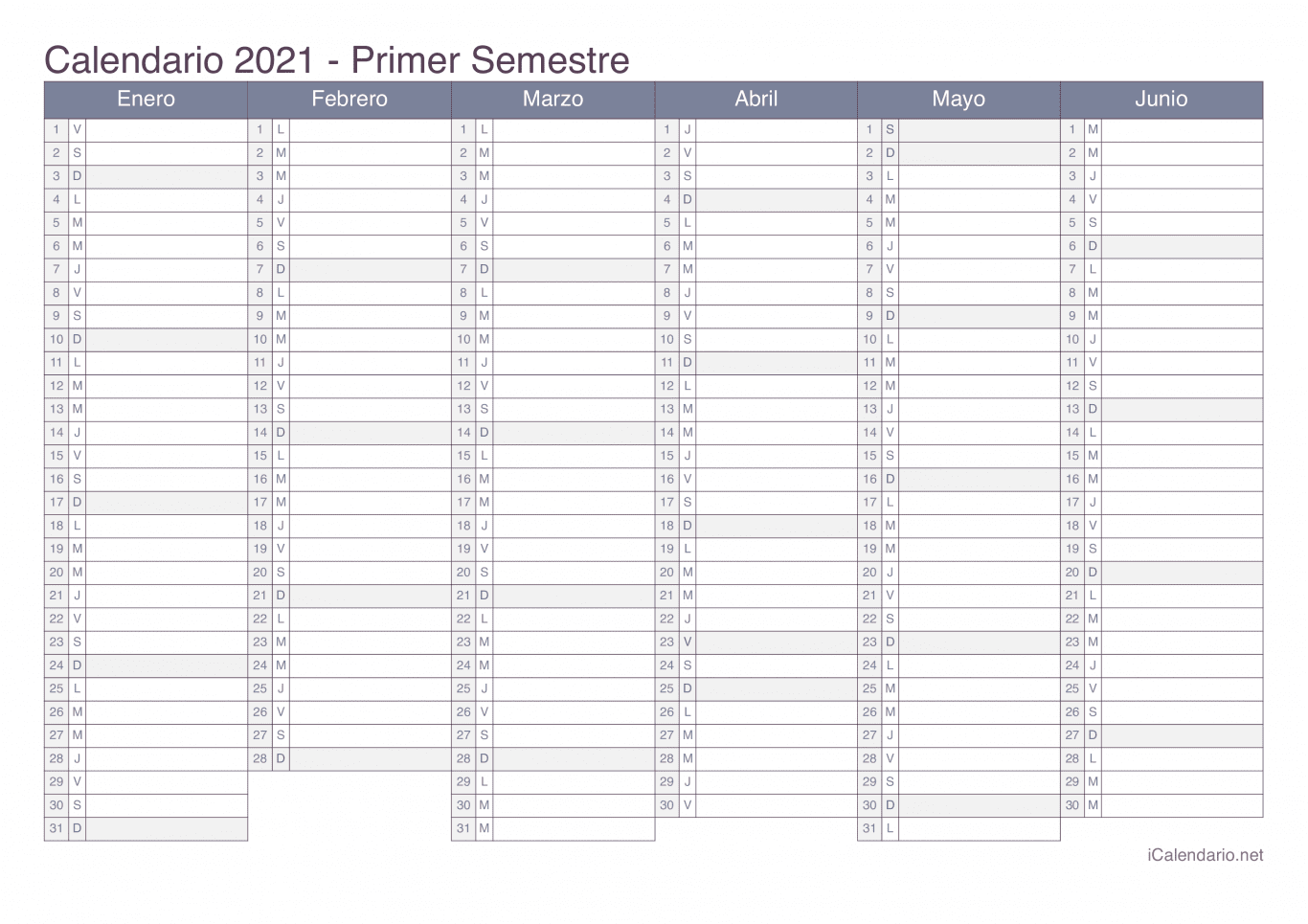 Calendario por semestre 2021 - Office