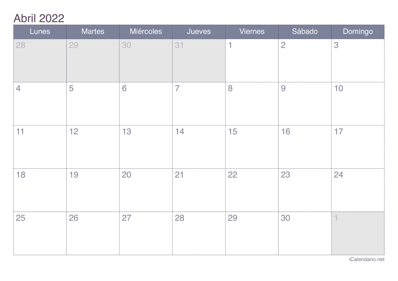 Calendario de abril 2022 - Office