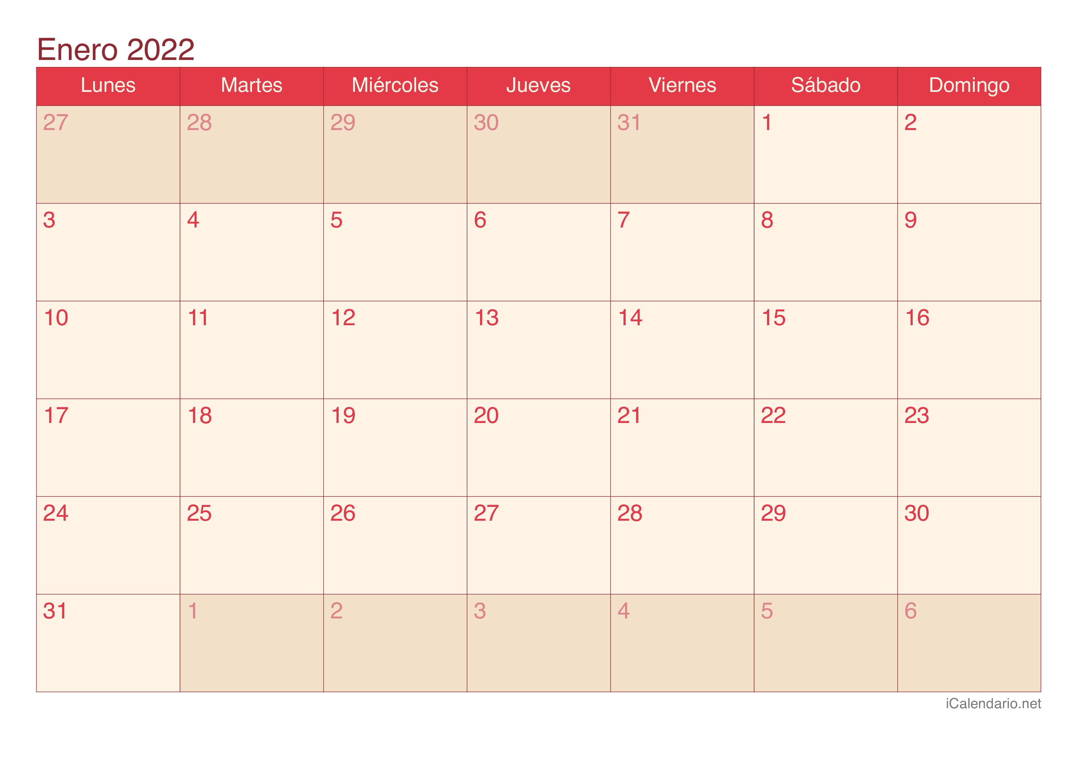 Calendario por mes 2022 - Cherry