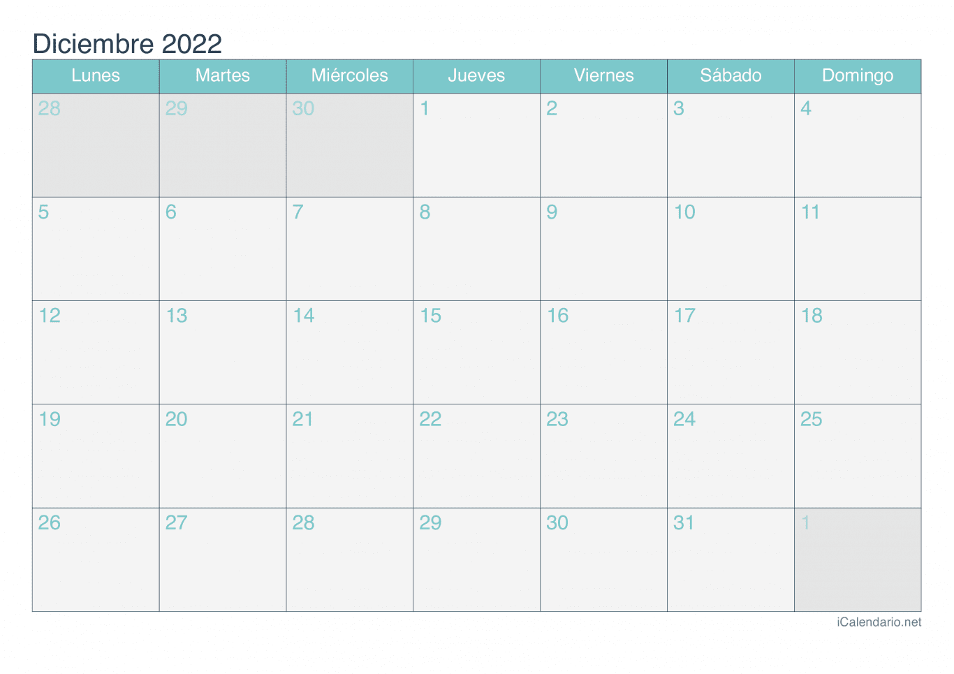 Calendario de diciembre 2022 - Turquesa