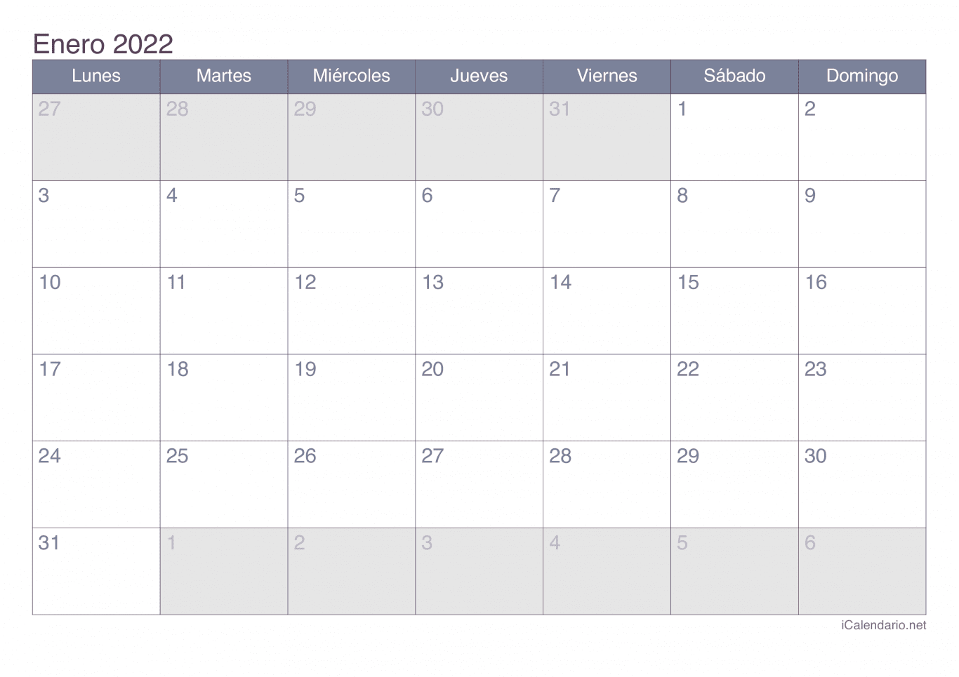 Calendario de enero 2022 - Office