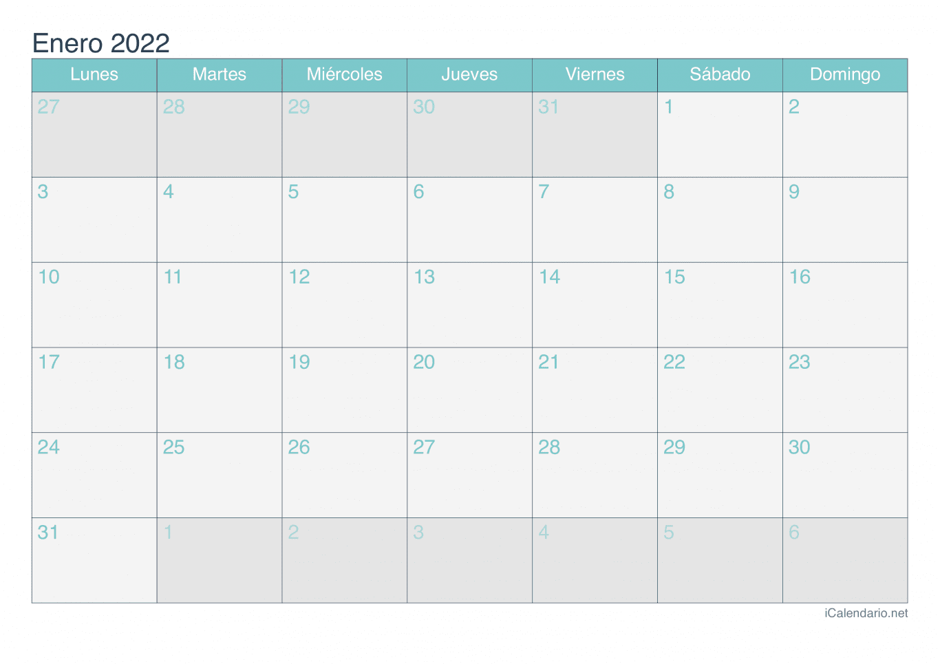 Calendario de enero 2022 - Turquesa