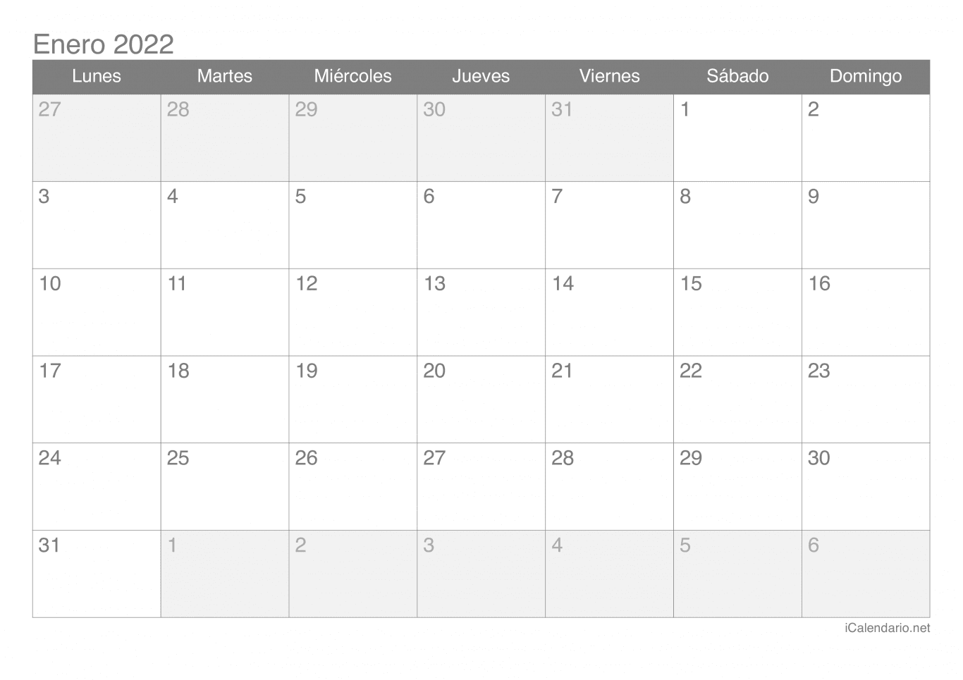Calendario De Un Mes Calendario enero de 2022 para imprimir