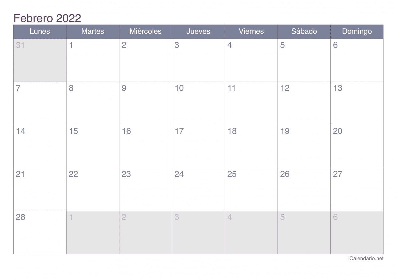 Calendario de febrero 2022 - Office