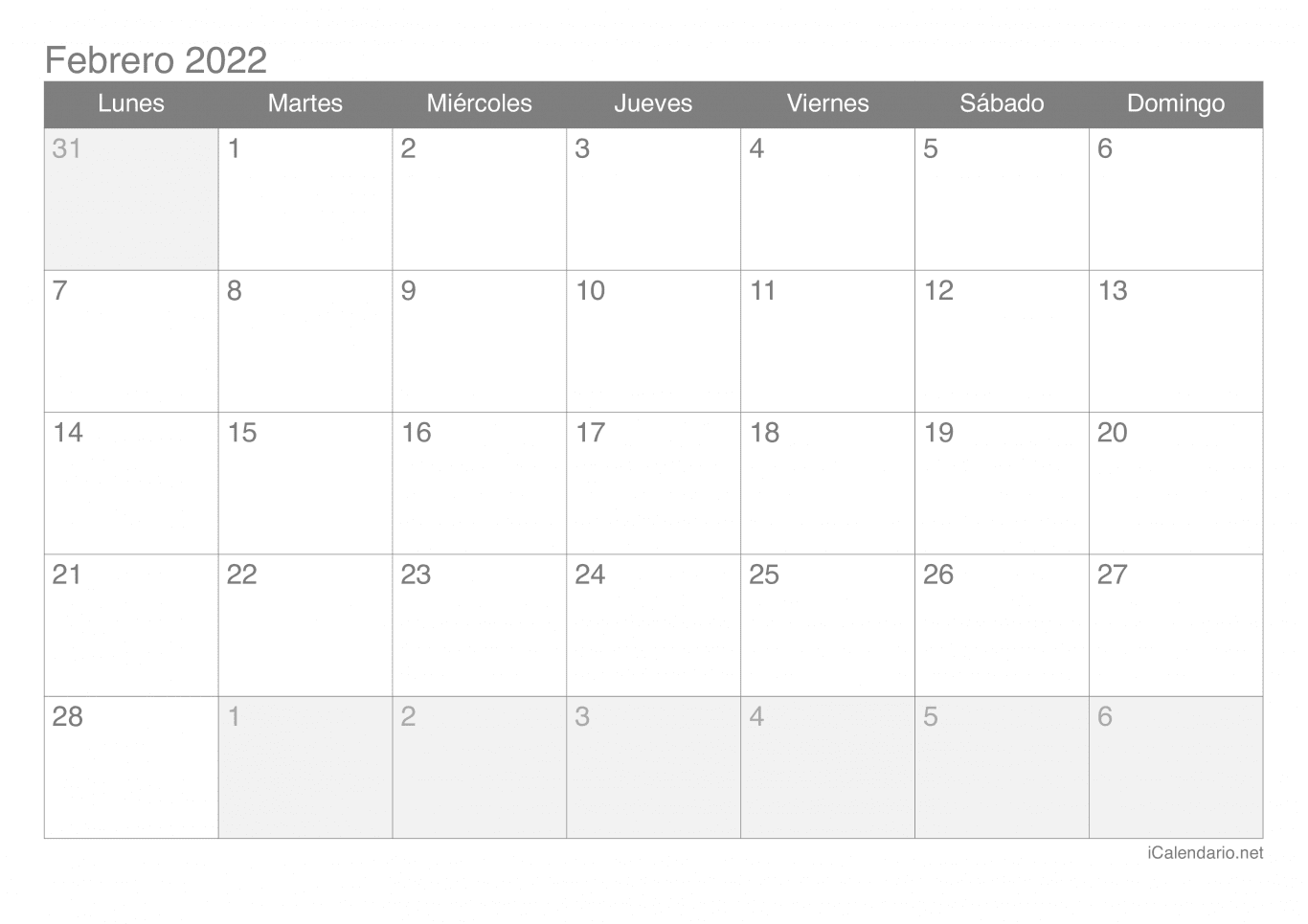 Calendario de febrero 2022