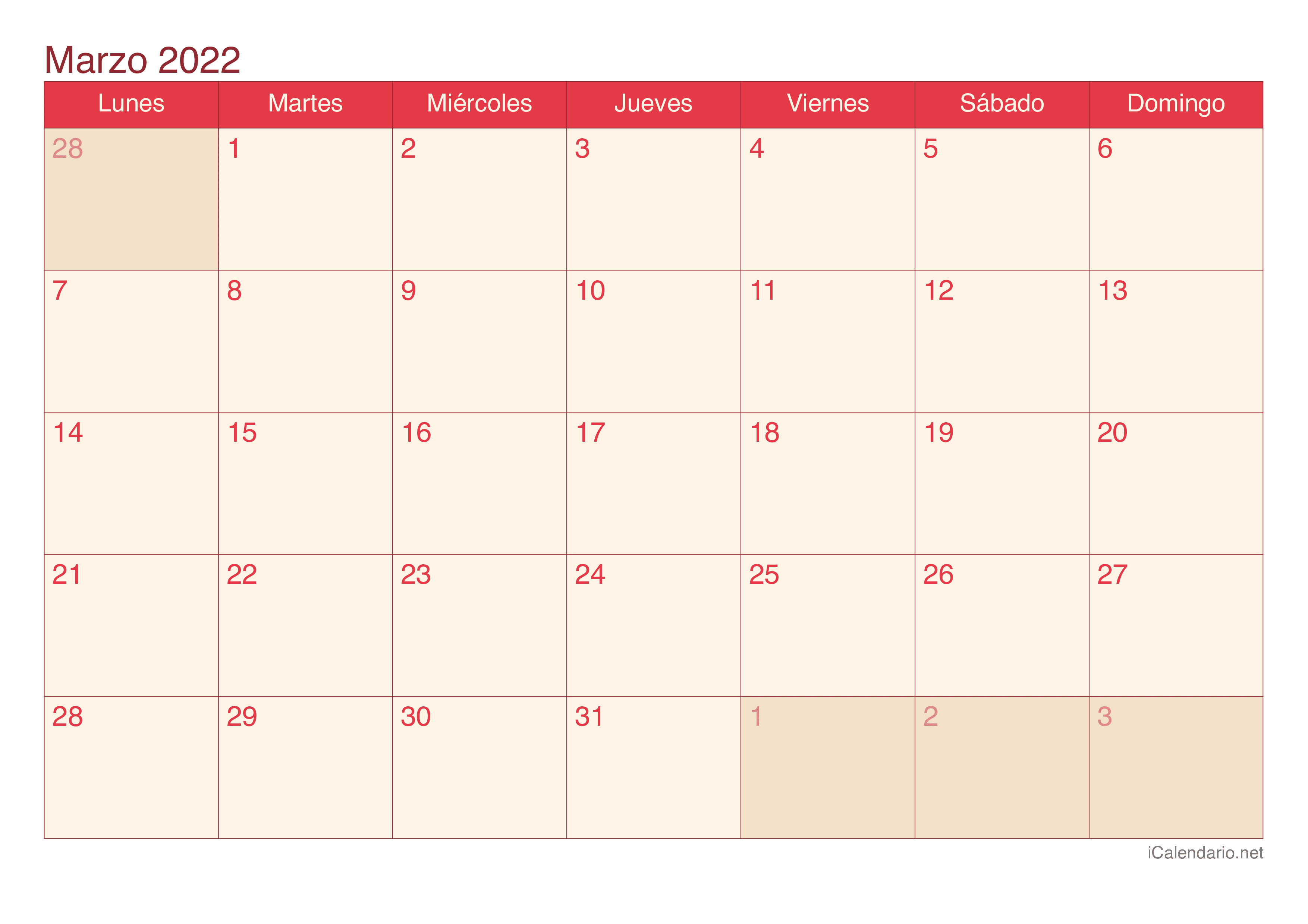 Calendario de marzo 2022 - Cherry