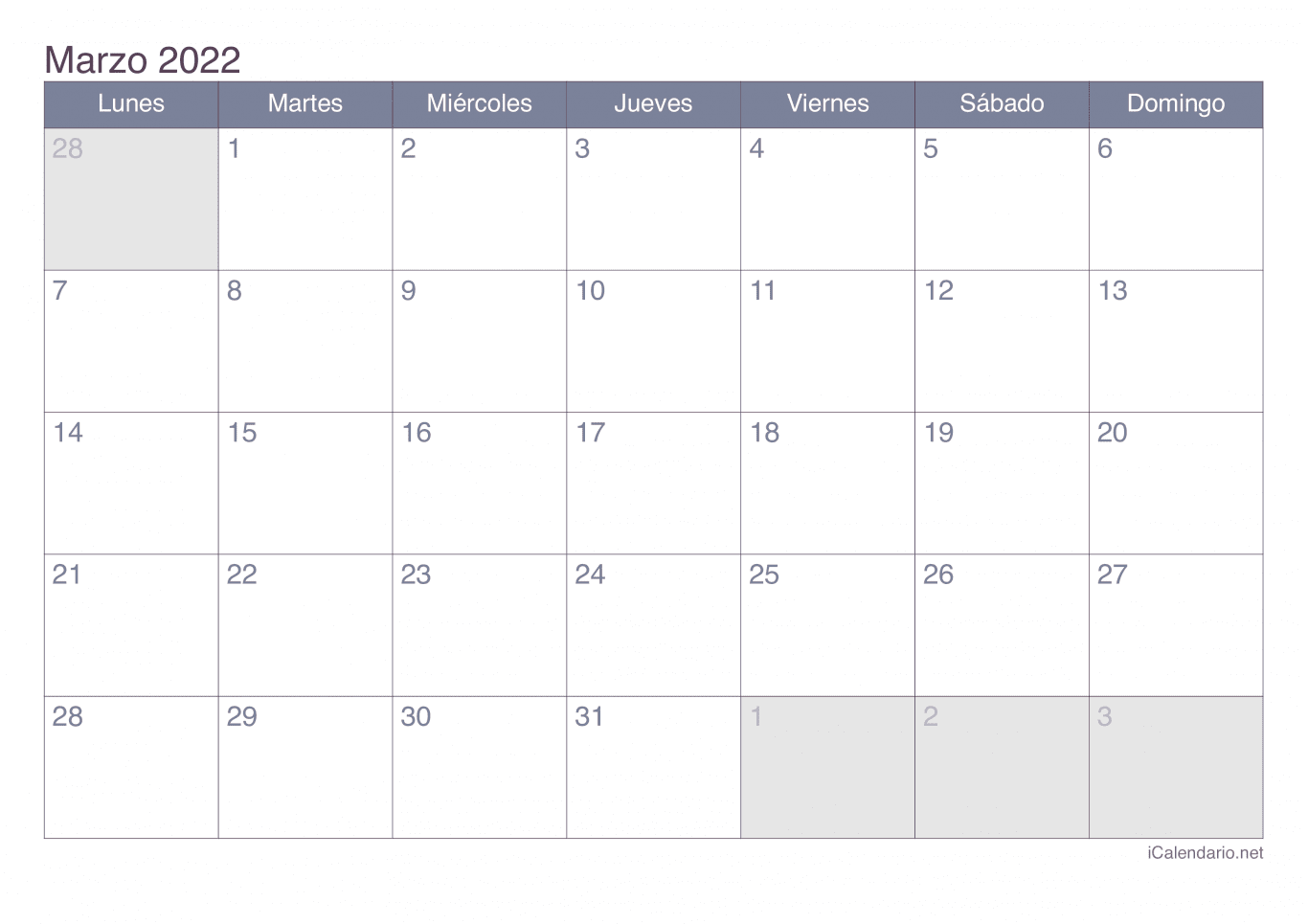 Calendario de marzo 2022 - Office