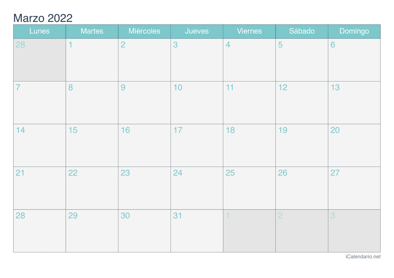 Calendario de marzo 2022 - Turquesa